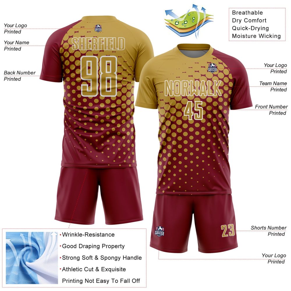 Custom Crimson Old Gold-White Modern Polka Dot Sublimation Soccer Uniform Jersey