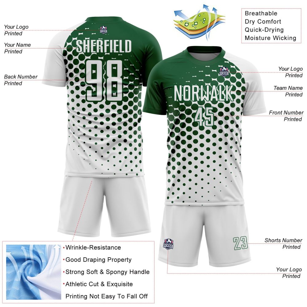 Custom White Green Modern Polka Dot Sublimation Soccer Uniform Jersey