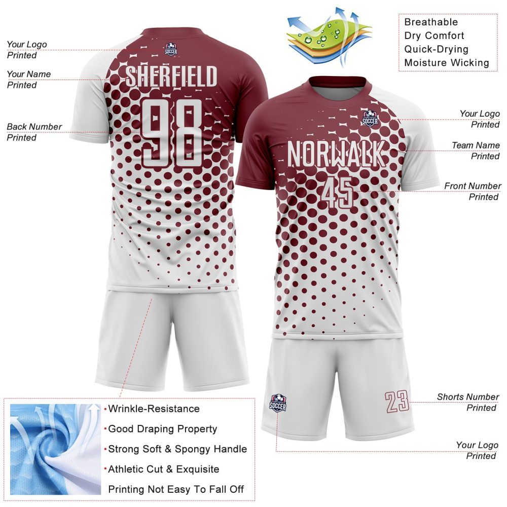 Custom White Burgundy Modern Polka Dot Sublimation Soccer Uniform Jersey