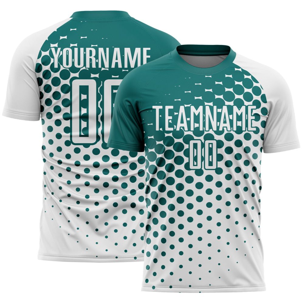 Custom White Teal Modern Polka Dot Sublimation Soccer Uniform Jersey