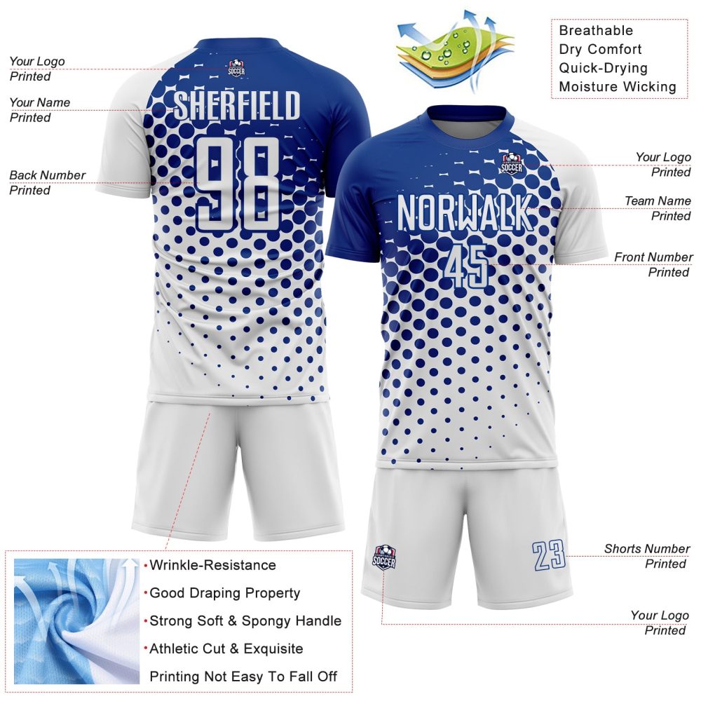 Custom White Royal Modern Polka Dot Sublimation Soccer Uniform Jersey